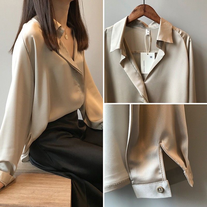 Áo Sơ Mi Nữ Vải Lụa Satin Dài Tay Cổ Chữ v Thời Trang