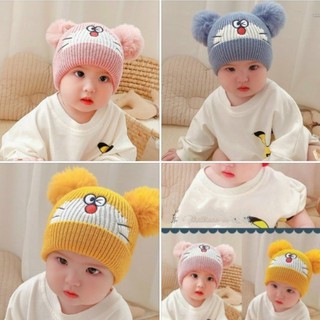 Nón mũ len 2 quả bông hình mèo xinh xắn cho bé trai bé gái từ 0 - 1 tuổi
