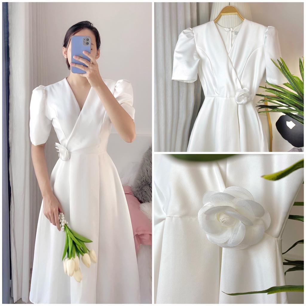 Đầm Tiểu Thư công chúa bánh bèo, trắng, maxxi, xòe dài, cổ bèo, Voan trắng, cô dâu