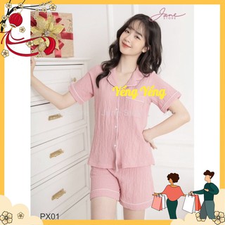 Snu472 - bộ pyjama đùi nữ trơn xốp nhăn túi ngực