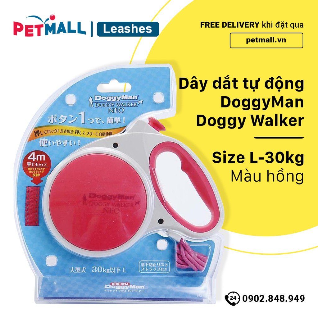 Dây dắt tự động DoggyMan Doggy Walker size L 30kg - Màu hồng