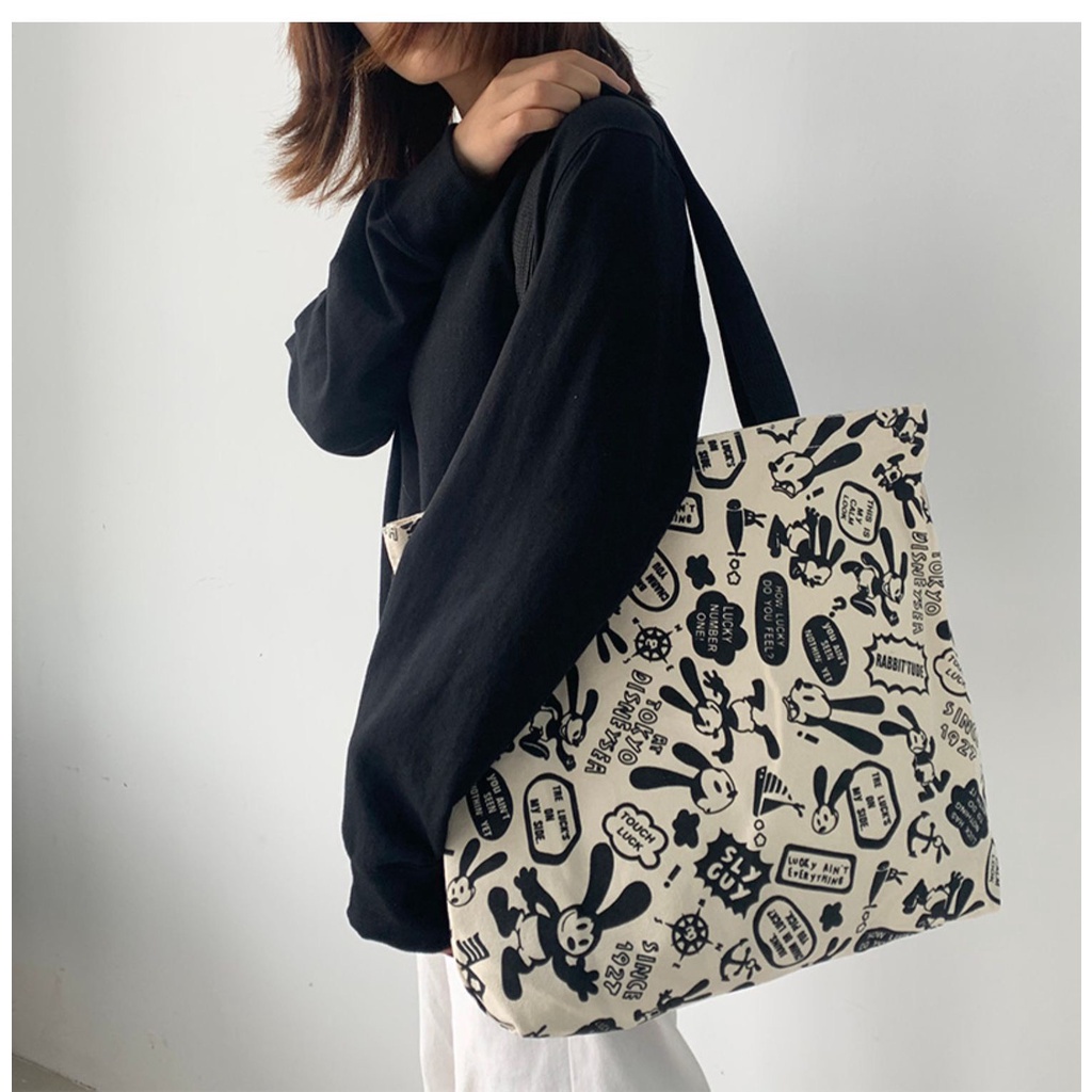 Túi tote túi vải canvas phong cách Hàn quốc, có khóa miệng, có ngăn phụ bên trong thời trang ulzzang