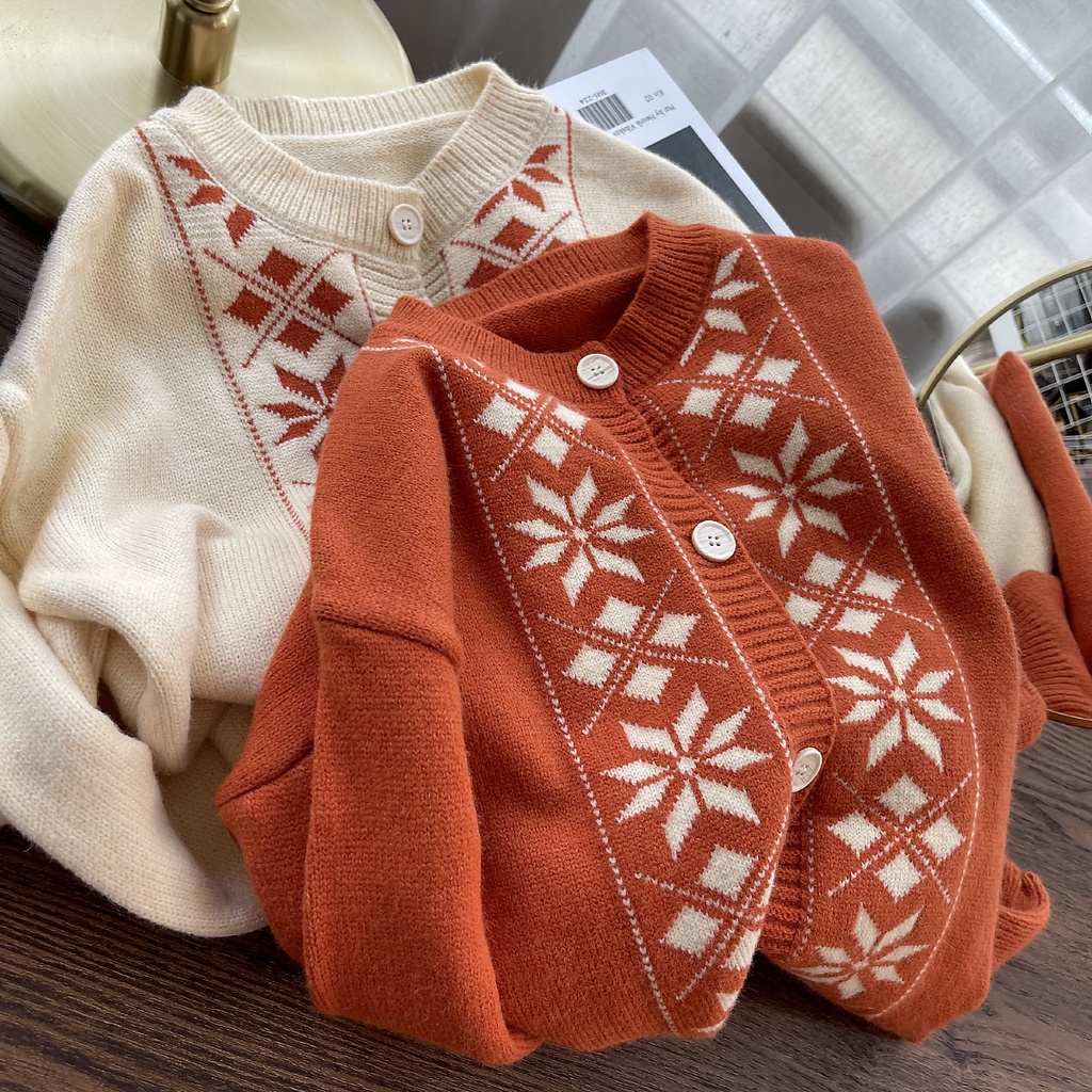 Áo khoác dệt kim tay dài họa tiết lá phong thiết kế mới thời trang dành cho mùa thu