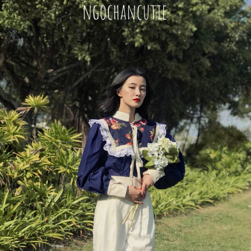 Áo croptop KANAYO tay dài xanh đậm cổ điển thanh lịch vintage Ngochancutie