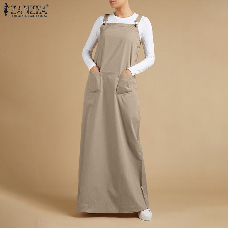 Đầm Maxi ZANZEA Hai Dây Dáng Rộng Cổ Vuông Màu Trơn Thời Trang Cho Nữ