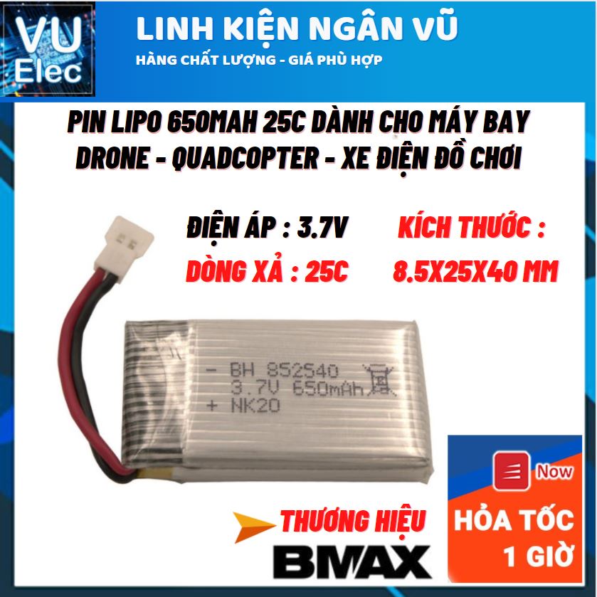 Pin Li-po 3.7V - 1S 650mAh 852540 25C, pin cho máy bay xe điều khiển