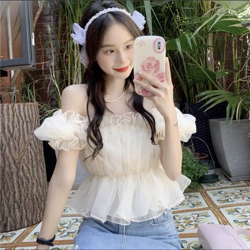 Áo croptop trễ vai voan tơ xếp ly bồng bềnh- Beautyone