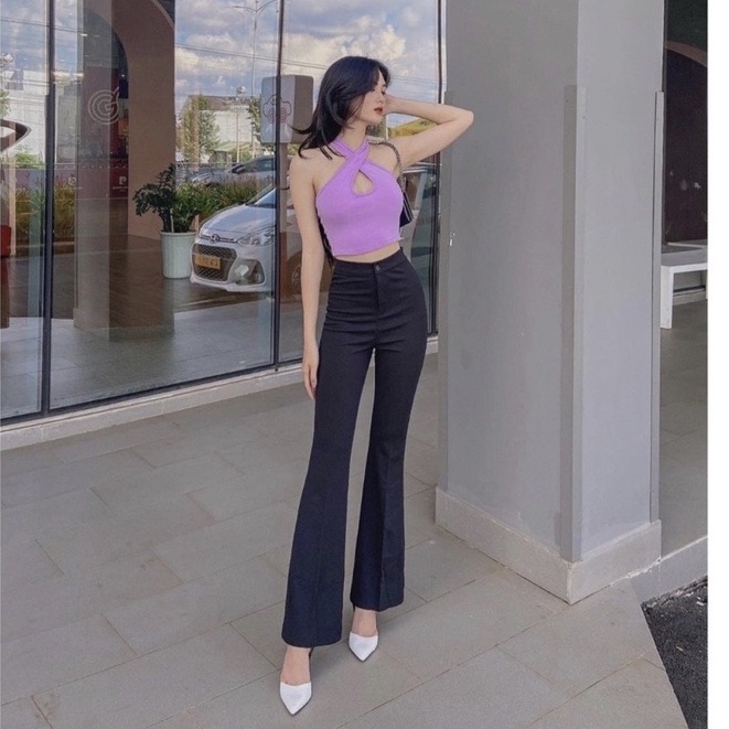 Quần ống loe lưng cao lên dáng siêu xinh - quần tây ống vẩy 1 cúc chất tuyết mưa đẹp dày dặn Okella