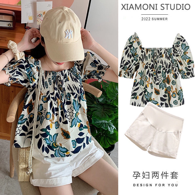 Bộ đồ hai mảnh áo + quần short bằng cotton nguyên chất in họa tiết thời trang