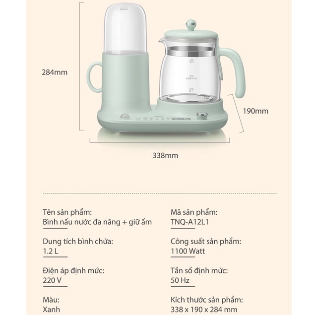 Bình nấu nước đa năng và giữ ấm Bear TNQ-A12L1, pha trà, rã đông, hâm sữa, hâm nóng thức ăn, khử clo, khử khuẩn - HAPOS