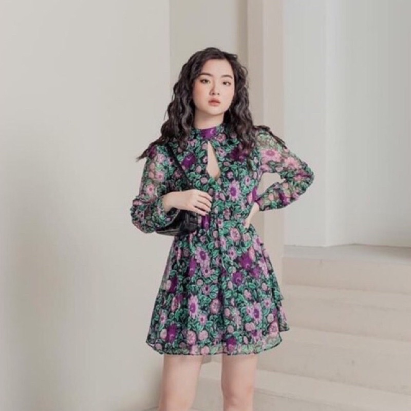 ZARA Đức - Đầm voan hoa auth new tag chính hãng dáng xòe tay dài sheer voan chiffon gân cao cấp