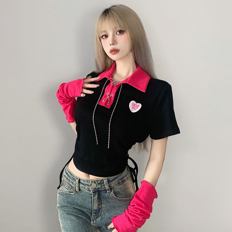 Áo Thun polo Tay Ngắn Phối Dây Rút Màu Sắc Tương Phản Thêu Họa Tiết Trái Tim Xinh Xắn Cho Nữ