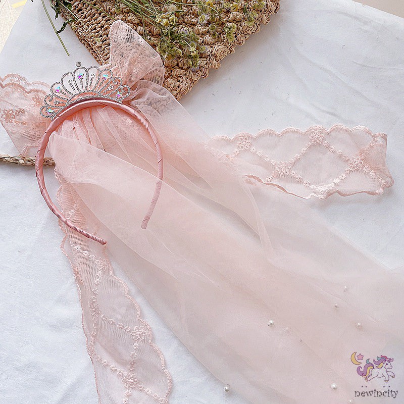 Băng Đô Cài Tóc Hình Vương Miện Đính Đá Phối Ren Phong Cách Hàn Quốc Cho Bé Gái