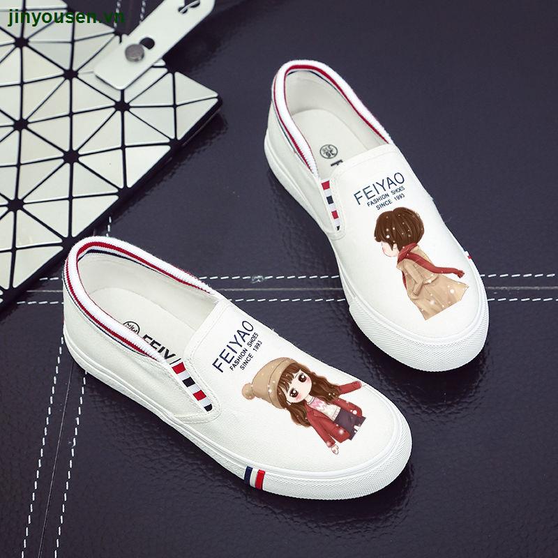 Giày lười vải canvas đế bằng in họa tiết hoạt hình phong cách Hàn Quốc thời trang xuân hè cho nữ