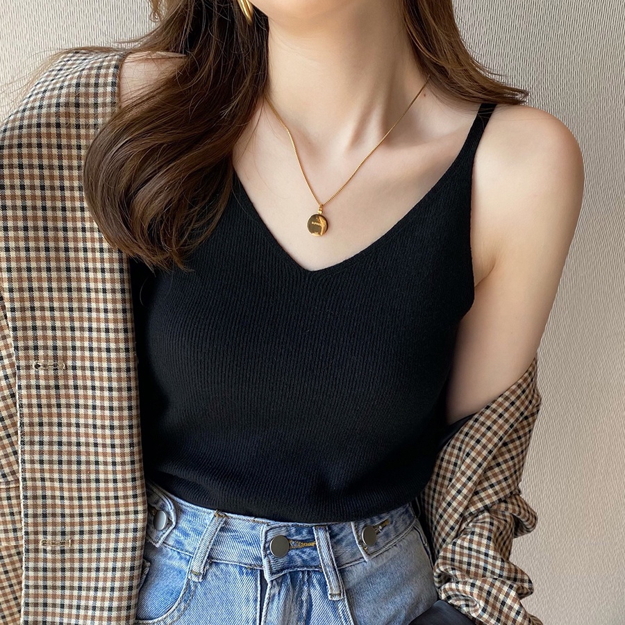 Áo dệt kim 2 dây SUXI cổ chữ V màu trơn đơn giản thời trang mùa hè cho nữ