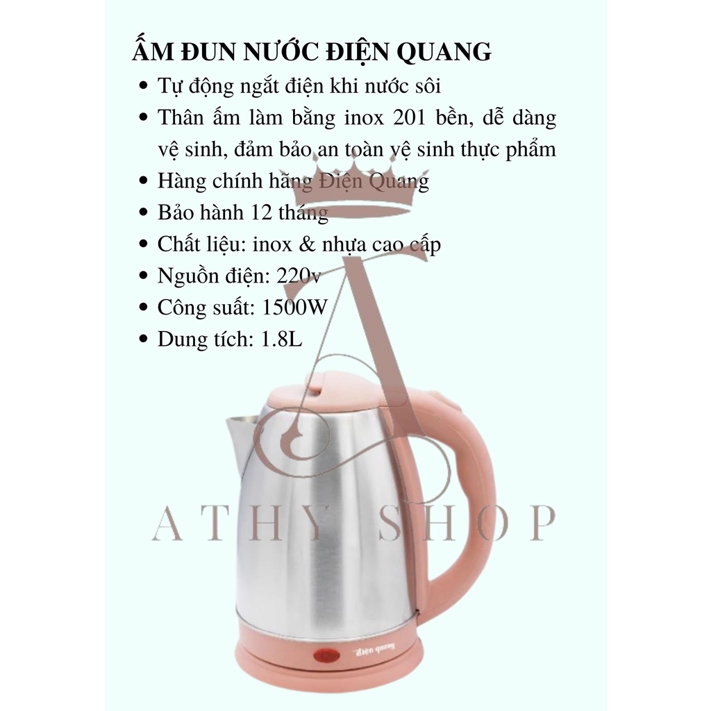 ẤM ĐUN SIÊU TỐC ĐIỆN QUANG ĐQ EKT07 EKT12 1518 1500W 1.8L, máy nấu làm sôi nước cực nhanh