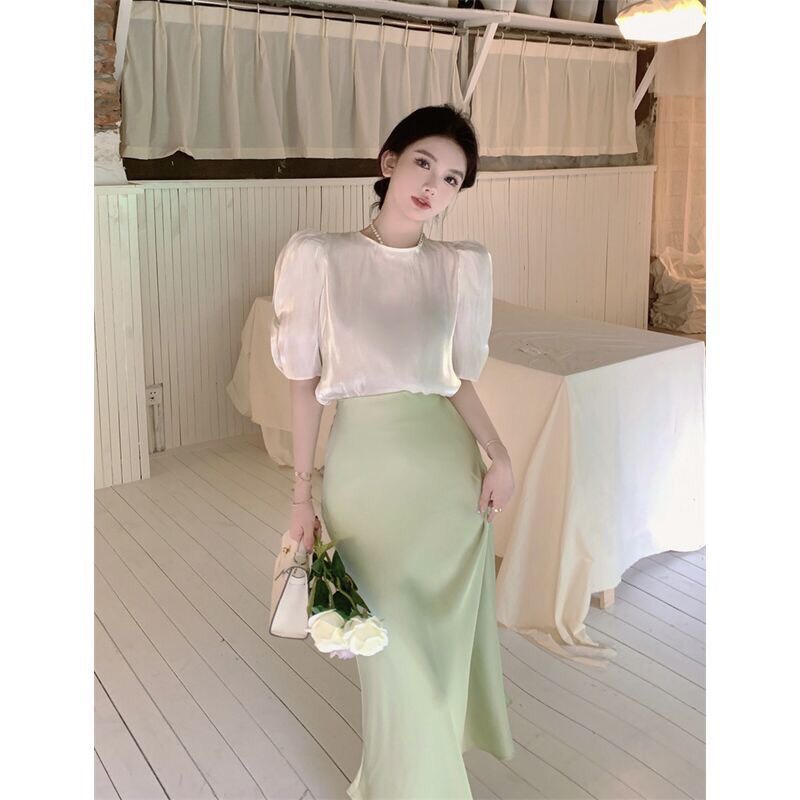Áo voan bóng nhẹ nhàng dáng rộng tiểu thư phong cách Hàn Quốc
