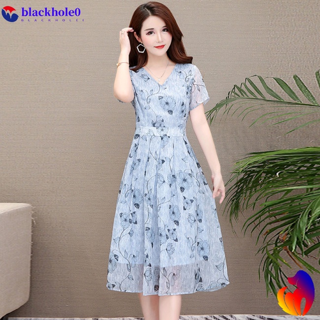 BH Summer Slim V-neck Floral Dress Elegant Short Sleeves Middle Long Printing Causal Dress