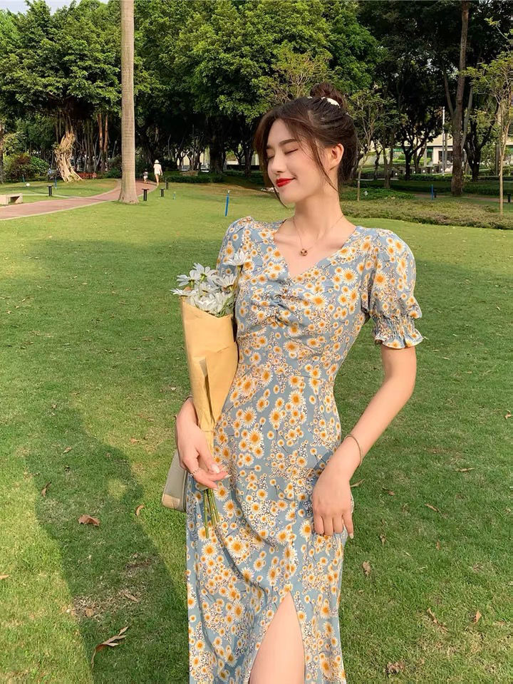 Váy Hoa Nữ Daisy Nhỏ Mùa Hè Mỏng Puff Tay Váy Dài Phong Cách Hàn Quốc