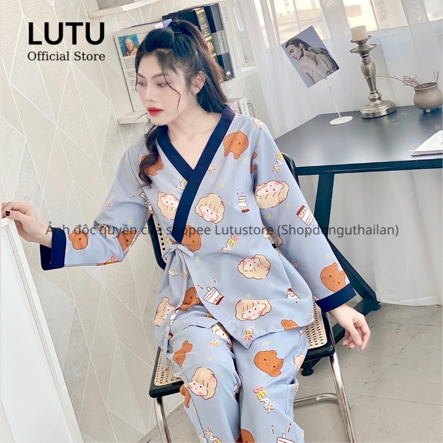 Bộ Ngủ Pijama Kimono Dài Tay Phối Viền Họa Tiết Dễ Thương