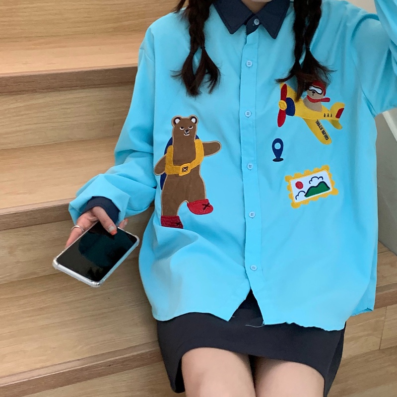 Áo sơ mi ZHELIHANGFEI tay dài dáng rộng thêu họa tiết phong cách Nhật sành điệu