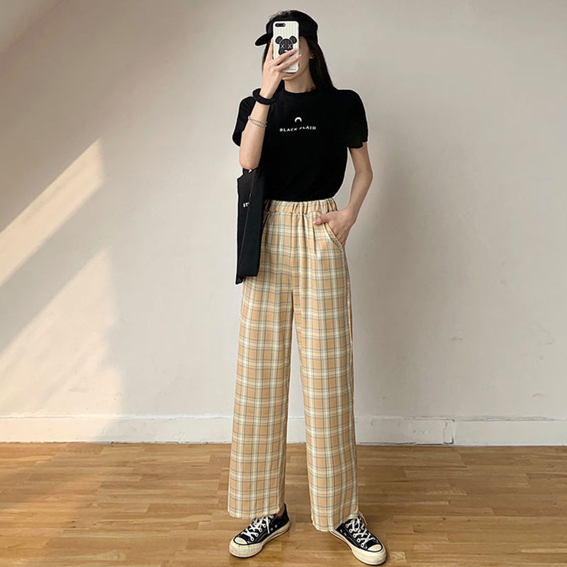 New High Waist Slim Check Plaid Casual Pants Women Loose Sports Straight Wide Leg Pants