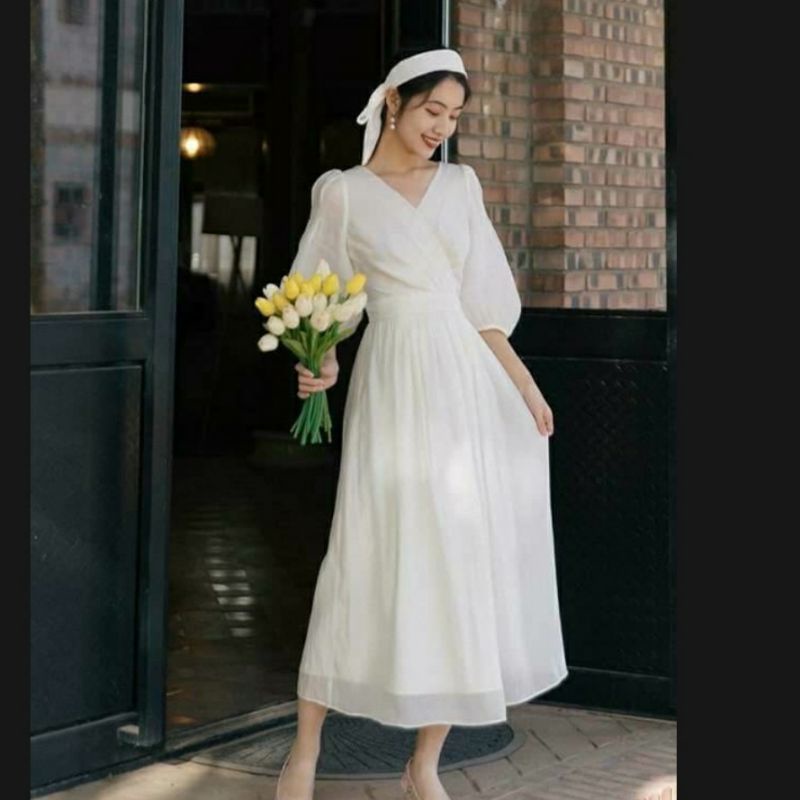 Đầm Voan 2 Lớp Cổ V Dáng Dài Phong Cách Vintage