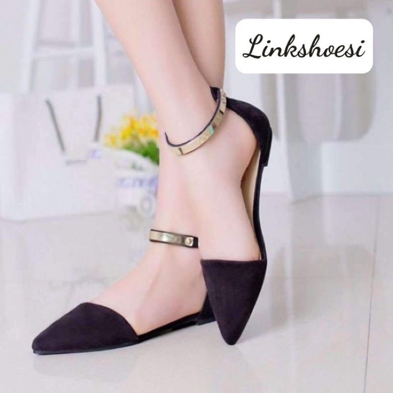 [Free Ship] Giày búp bê thấp gót thô 1phân mũi nhọn cs dây hậu gắn lá đồng đẹp mắt  TT112