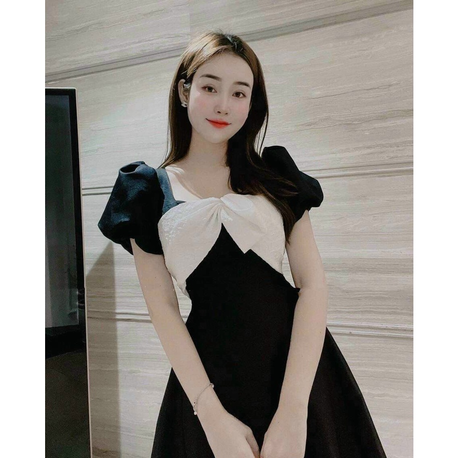 Đầm xòe phối nơ ngực có mút siêu xinh