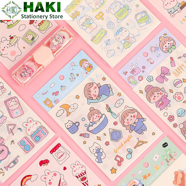 Sticker cute hoạt hình dễ thương HAKI, hình dán cute 4 tấm sticker trang trí sổ đáng yêu giá rẻ ST14