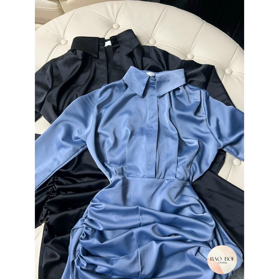 Váy sơ mi lụa nhún, Váy lụa cao câp, Bảo Bối Clothing