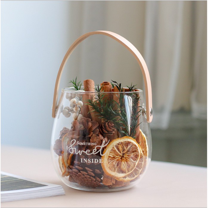 Lọ hoa thủy tinh trang trí tết, Bình hoa thủy tinh có quai xách, đồ decor phòng, trang trí nhà cửa siêu xinh GIBA