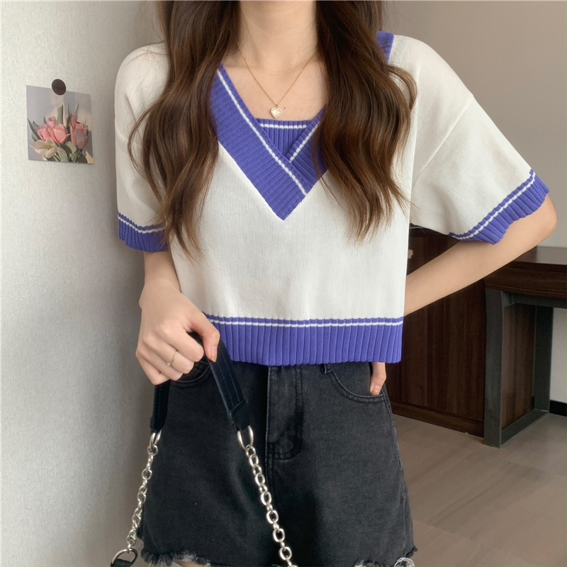 SUXI Áo Thun Dệt Kim Tay Ngắn Cổ Chữ V Dáng Rộng Màu Sắc Tương Phản Thời Trang Mùa Hè Dành Cho Nữ