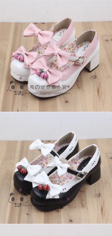 Giày lolita Nhật Bản hoa văn dâu tây phối chuông nhỏ