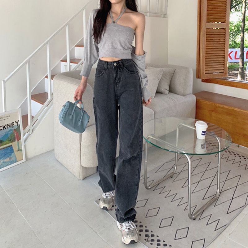 Quần ống rộng jeans suông xám