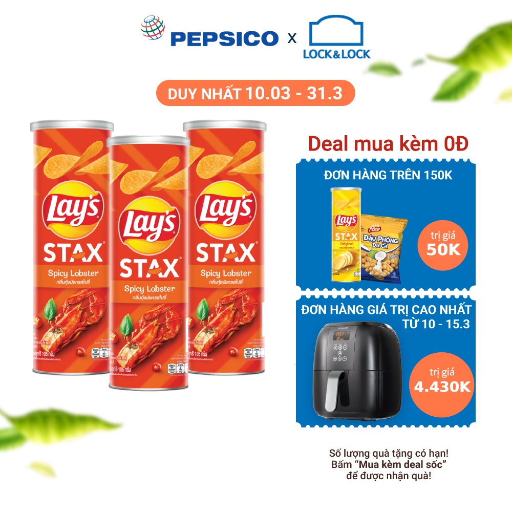 [Mã GRO1APR giảm 20K đơn 150K] Combo 3 Snack Lay's Stax Khoai Tây Nướng Vị Tôm Hùm Nướng Ngũ Vị hộp 105G