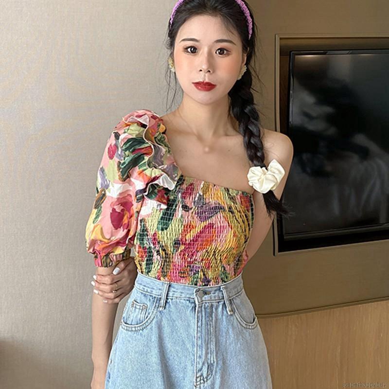 Women Floral Printed Ruffled Irregular Sexy Chiffon Blouse Tops