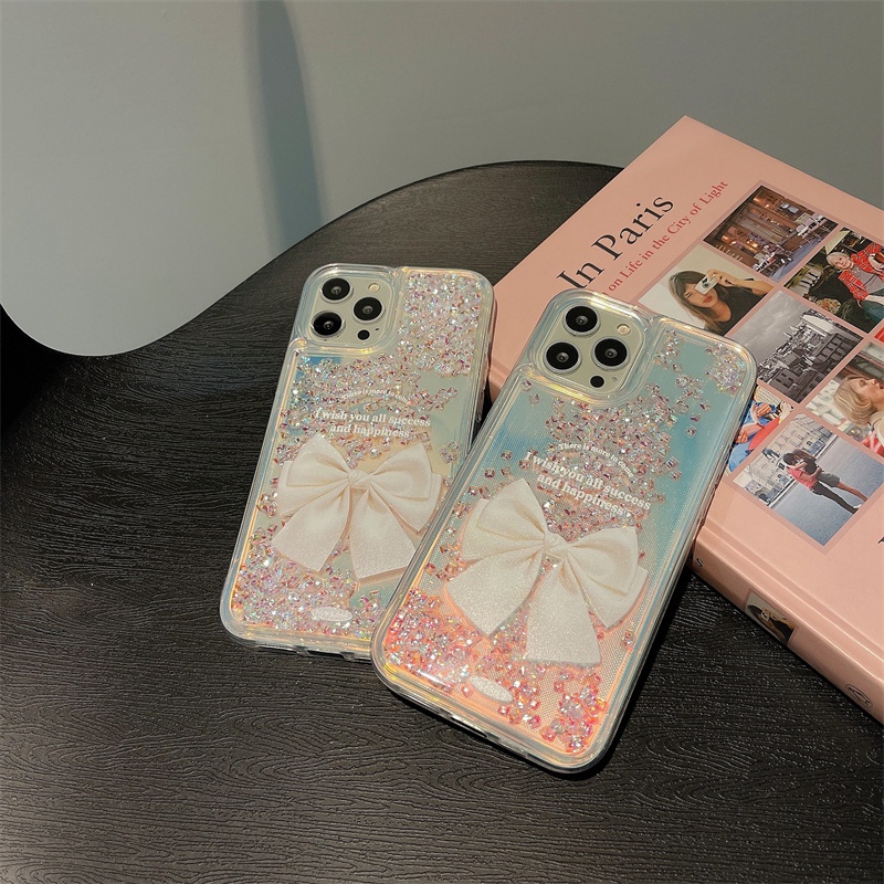 Ốp Lưng Kim Tuyến Nước Hình Nơ Phát Quang Nhiều Màu Cho iPhone X XS Max XR iPhone 11 12 13 Pro Max