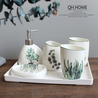 Bộ đồ dùng nhà tắm khay nhựa gốm sứ cao cấp hình lá