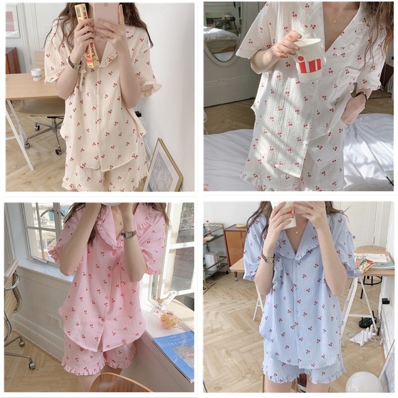 Bộ mặc nhà Pijama hoạ tiết Cherry Chất liệu Đũi Hàn nhiều màu