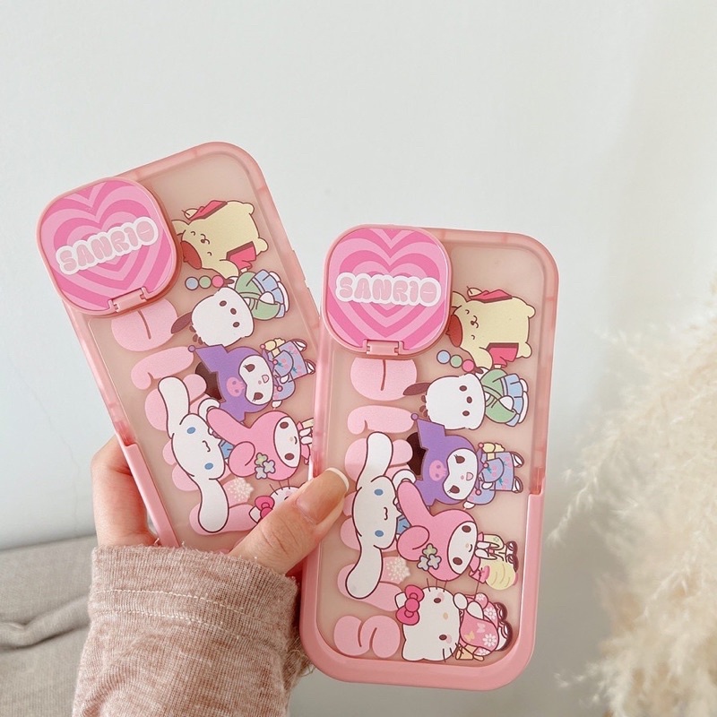 Ốp lưng iphone mềm dẻo có gương che bảo vệ camera và chân để bàn tiện lợi hoạt hình màu hồng baby