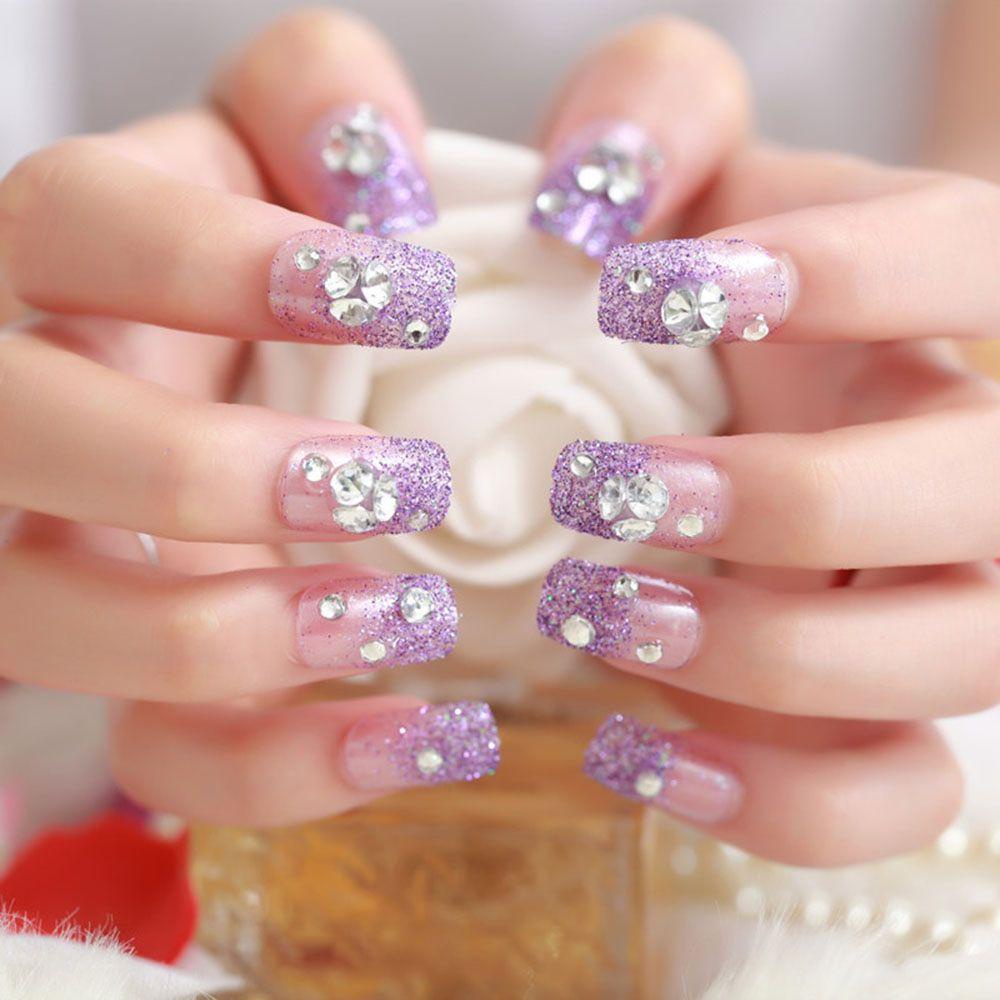 DIACHAVN Bộ Móng Tay Giả Kèm Keo Dán Đính Đá Lấp Lánh