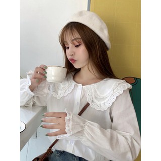 Áo sơ mi Trắng phối ren hoa cổ búp bê tay bo Ulzzang 2020