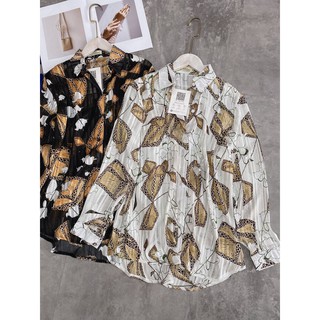 Áo sơ mi họa tiết dài tay dáng dấu quần vintage (Ảnh thật)