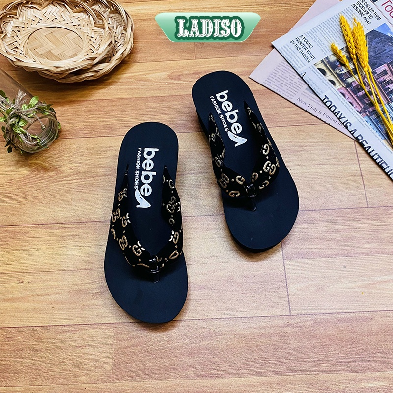 Dép đế xuồng nữ LADISO quai kẹp SIÊU NHẸ phối chữ sang chảnh cao 7cm - TT347