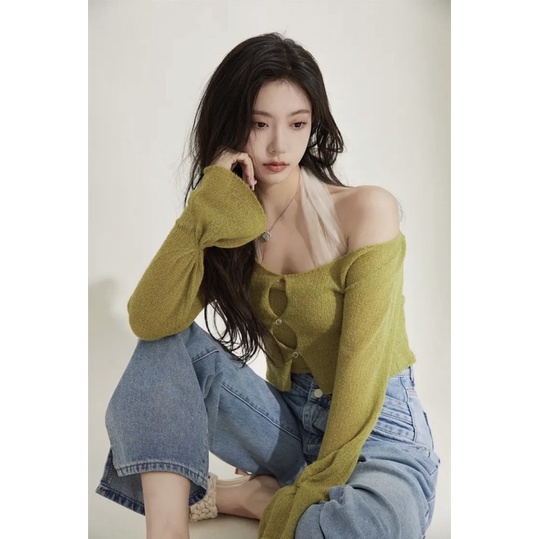 set len dệt kim khuy trái tim mix áo quây yếm dây buộc voan điệu đà (1072#)