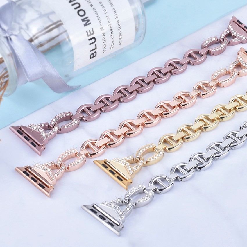 Dây đeo thép không gỉ đính đá thích hợp cho Apple Watch 7 6 Se 5 4 3 2 Iwatch 41mm 45mm 44mm 42mm 40mm 38mm T500 W26