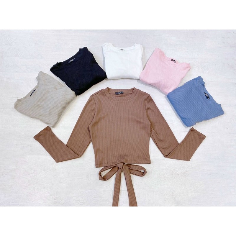 [THẮT NƠ] Áo Croptop Thun Gân Cotton Mát Min Tay Dài Cột Dây Sau Lưng Tuyệt Đẹp Crt Hở Lưng Thắt Nơ Cổ Tròn Có Mút Ngực