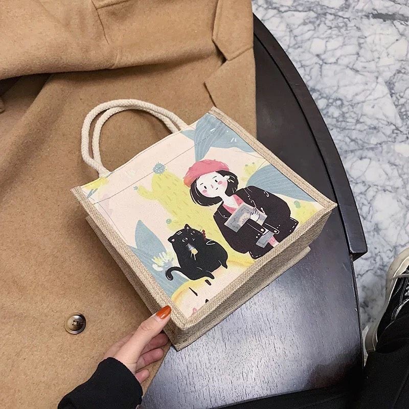 Túi Cói Vintage Đi Biển Phong Cách Hàn Quốc Hoạ Tiết Hoạt Hình Siêu Đáng Yêu | BigBuy360 - bigbuy360.vn