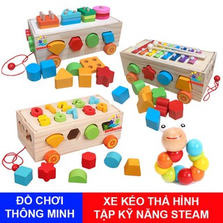Đồ Chơi Gỗ Xe Kéo Thả Hình Khối Kết Hợp Số-Đàn-Bảng Phân Loại